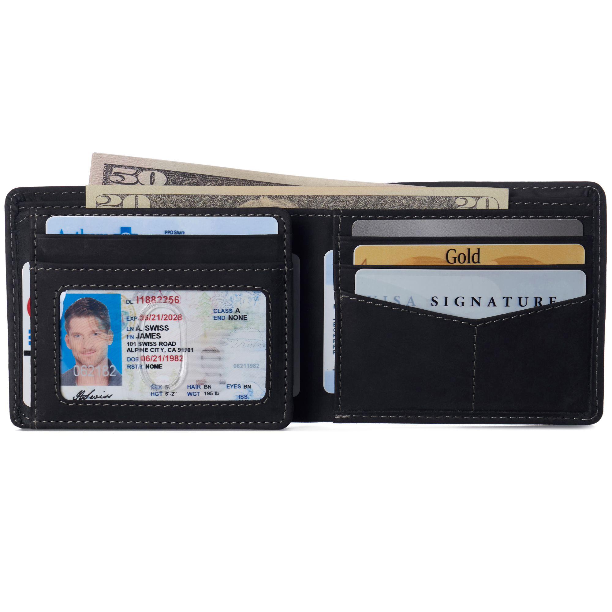 Alpine Swiss Mens RFID Wallet Leather Bifold 2 ID Windows Divided Bill